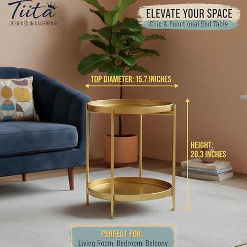 Tiita Round End Table Mental 2-Tier Side Table Nightstand/Small Iron Tables Accent Coffee Table for Living Room Bedroom Office Small Space - color: Teatable-gold