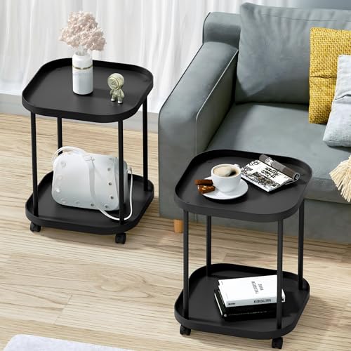 Side Table with Wheels, End Table Living Room Plastic Mobile Sofa Side Table Small Night Stand Bedroom Black (2 Pack) - color: Black, size: 2 Pack