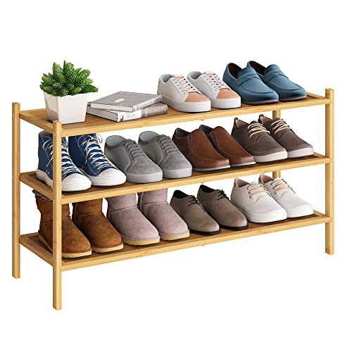 BMOSU 3-Tier Bamboo Extended Shoe Rack Premium Stackable Shoe Shelf Storage Organizer for Hallway Closet Living Room Entryway Organizer(Natural) - color: Natural, size: 3-Tier Long（33.3*11*18.3inches）