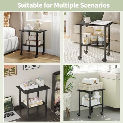 2 Tier Printer Stand with Storage, Under Desk Printer Table, Space-Saving Printer Table with Locking Wheels, Rolling Printer Cart for Home Office, Black
