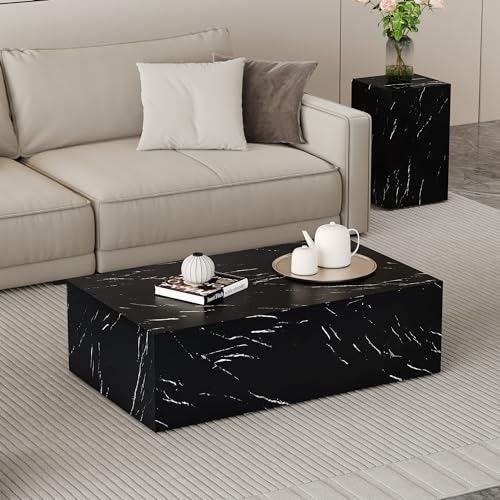 39" Rectangular Compact Coffee Table,Small Cube End Table,Modern Side Table with Stylish Faux Marble Pattern,Minimalist Accent Table for Living Room,Office,Apartment,Nightstand(Black,39") - color: Black,39.9"