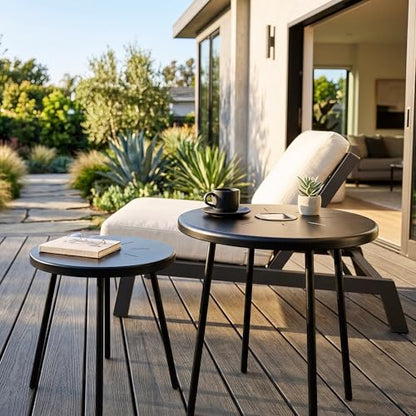 Solar Nesting Side Table Set of 2, Modern Black Metal Wire Round End Tables with Dusk to Dawn LED Light & On/Off Switch, Industrial Accent Tables for Patio, Balcony, Living Room, Garden (Solar 1)
