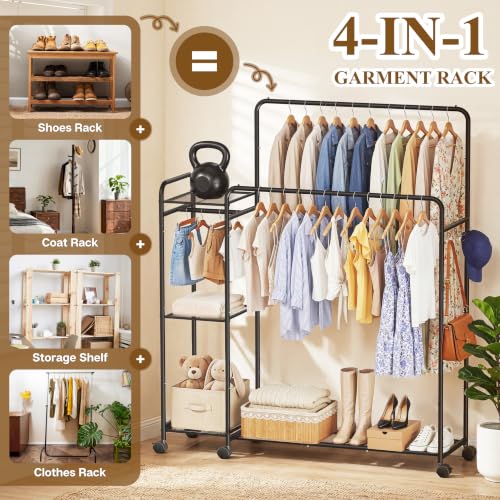 Heavy Duty Clothes Rack with Wheels, Double Rod Clothing Rack with Storage Shelves & Hooks, Rolling Garment Rack and Portable Closet Organizer for Bedroom, Laundry Room, Apartment
