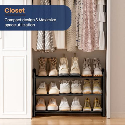 ENJOYBASICS 3 Tier Expandable Shoe Rack for Closet, Free Standing Metal Shoe Shelf Storage Organizer Holder 12 Pairs, Adjustable Width Shoe Rack for Entryway Small Space, Black - size: 3 Tier (6-12 Pairs)