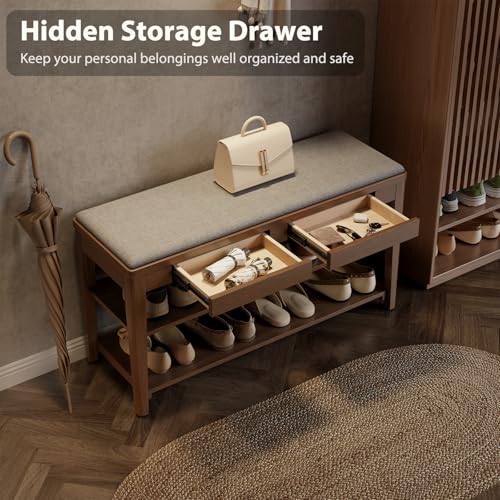 Shoe Bench with Storage, Wooden Shoe Storage Bench with Cushion&Hidden Drawer, 2-Tier Shoe Rack Bench for Entryway, Mudroom, Hallway - size: 39.4"W x 13.6"D x 21.3"H