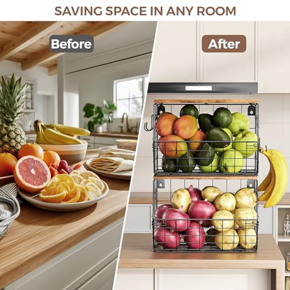 Delamu Stackable Metal Fruit Basket with Wood Lid 2 Pack, Hanging Wall Organizer for Kitchen Counter, Pantry Storage for Onions, Potatoes, Garlic, Fruits, Spices, Black - size: 2 Pack