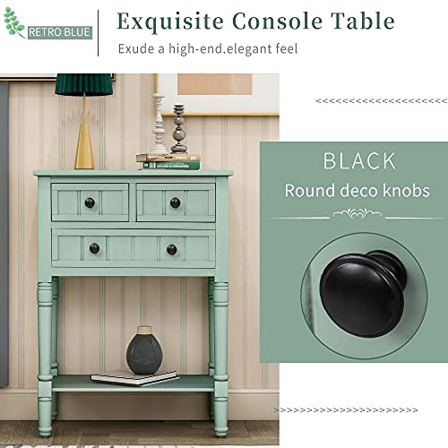 P PURLOVE Narrow Console Table, Farmhouse Entryway Table Slim Sofa Table with Three Storage Drawers and Bottom Shelf, Wood Entry Table for Living Room, Easy Assembly (Mint Green) - color: Retro Blue