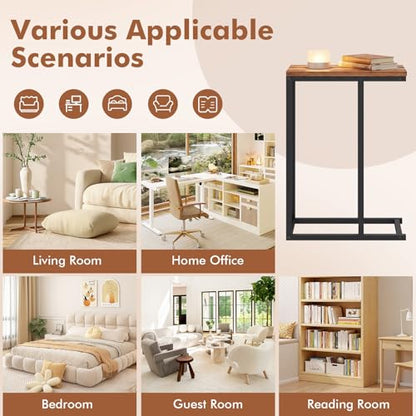 Giantex C-Shaped End Table, Set of 2 Small Sofa Couch Side Table that Slide Under with Metal Frame & Spacious Tabletop, Bedside Laptop TV Tray for Living Room Bedroom Small Spaces (Walnut) - color: Walnut