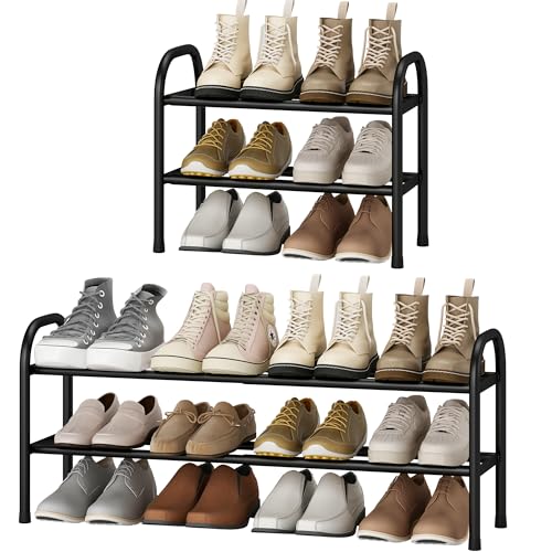 STO STO Expandable Shoe Rack, 2-Tier Metal Small Shoe Rack for Closet, Up to 12 Pairs Adjustable Shoe Rack Storage for Front Door Entrance, Free Standing Shoe Rack Organizer for Entryway, Black - size: 2-Tier