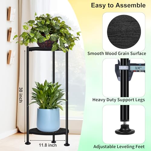 30 inch Tall Plant Stand Indoor for Living Room, Balcony, Bedroom, 2-Pack | Rustic Industrial Wood Flower Holder for Heavy Plants, Stable & Durable, Multi-function 2 Tier Display Rack, Easy Assembly - color: black-2 pack