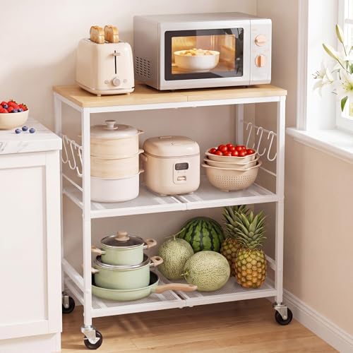 Rolling Kitchen Microwave Cart, 3-Tier Cart with Lockable Casters, 6 S Hooks for Towels, Rolling Kitchen Storage Rack, Space Saving Stand for Small Kitchen, Apartment, Coffee Bar - color: White