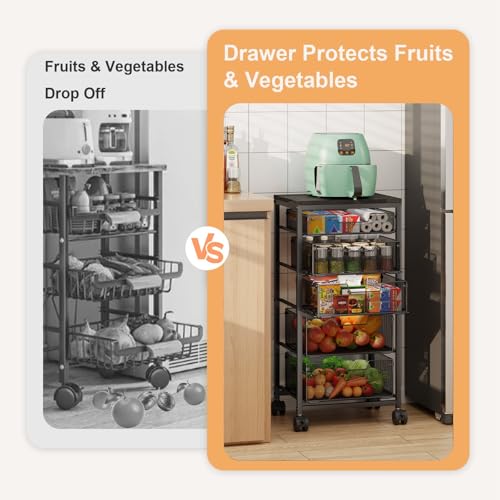 Kitchen Storage Cart with Drawer, 5-Tier Fruit Vegetable Storage Cart, Kitchen Organizer and Storage Cart with Wheels, Wooden Top Metal Wire Pantry Storage Cart rack for Fruit Snack Onion Potato - size: 5-Tier Black