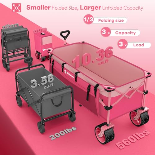 Originsure 300L Collapsible Beach Wagon Cart with Big Wheels, 560lbs, Pink | 48" Foldable Utility Wagon,7" All-Terrain Wheels,Heavy Duty Frame,Compact&Space-Saving,for Camping,Sports,Grocery,Garden - color: Pink