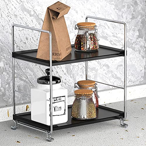 Plastic/Metal Freestanding Stackable Organizer Shelf,Bathroom Countertop Storage Shelf Cosmetic Organizer Holder Kitchen Spice Rack,2-Tier Standing Rack (Silver & Black) - color: Silver