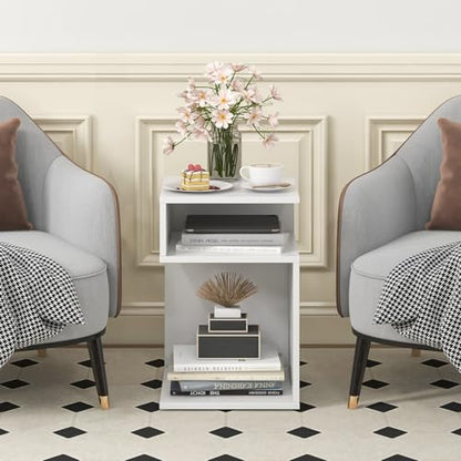 Giantex 3-Tier Side Table, S-Shaped End Table with 2 Open Storage Compartments, Wood Narrow Bedside Table, Modern Nightstand for Bedroom, Living Room, Small Spaces, Easy Assembly, White