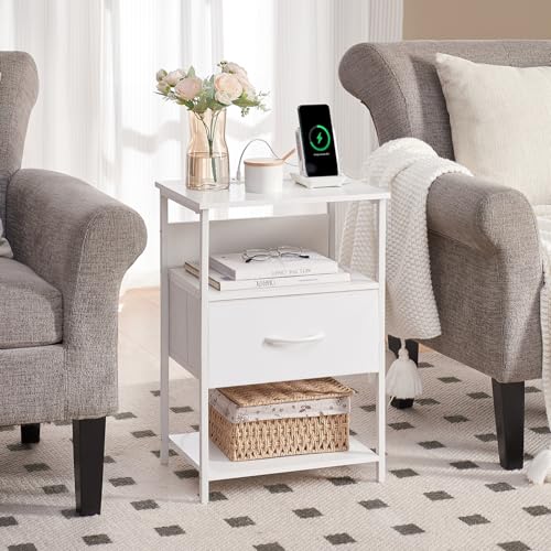 Somdot Nightstand Set of 2 with Charging Station & LED Light, Bedside Table | Dorm, Guest Room, Kids Room, Laundry, Closet, Entryway and Hallway, White - color: White, size: 11.8"D x 15.7"W x 23.4"H (1 Drawers)
