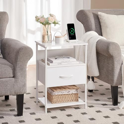 Somdot Nightstand Set of 2 with Charging Station & LED Light, Bedside Table | Dorm, Guest Room, Kids Room, Laundry, Closet, Entryway and Hallway, White - color: White, size: 11.8"D x 15.7"W x 23.4"H (1 Drawers)