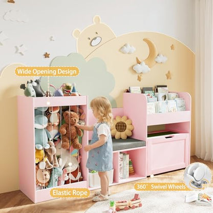 VontinT 68.9"W Kids Toy Storage Reading Nook with Bookshelf & Drawer,Wooden | 3 Tiered Bookshelf, Rolling Box with Building Baseplate Play Lid for Lego, 122L Stuffed Holder, Bench&Cushion for Kids, Pink - color: Pink