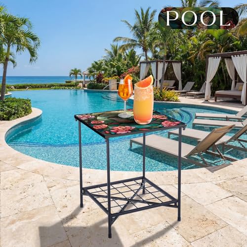 Cinnvoice Outdoor Side Table 2-Tier Storage Square Small Mosaic Patio Accent Indoor End Plant Coffee Tea Table for Yard Patio Porch Garden Living Room, Bedroom(Hummingbird Style) - style: Hummingbird Style