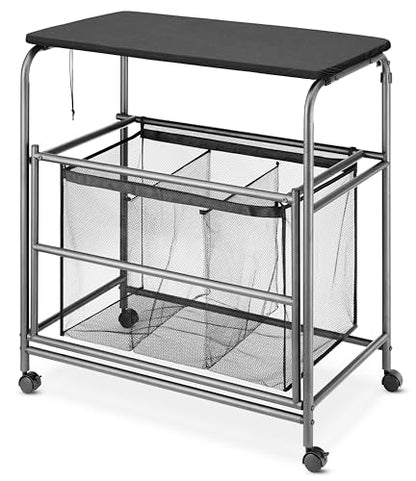 Whitmor Triple Laundry Sorter with Ironing & Folding Table - Rolling Laundry Sorter with Ironing Table - Gunmetal - size: 3 Section lroning Board，Black