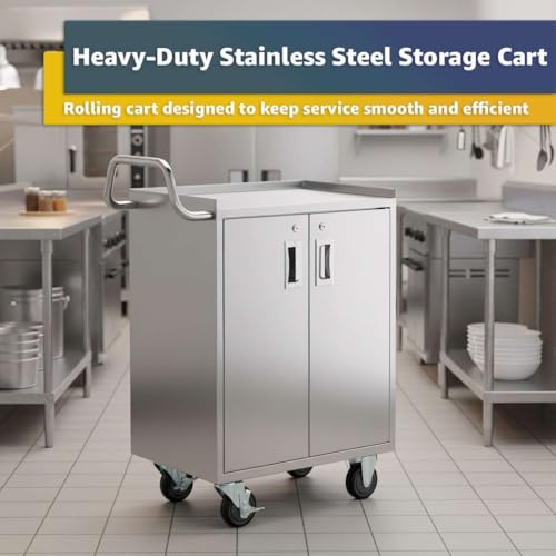16" x 24" Stainless Steel Utility Cart with Enclosed Base and Locking Doors - 4 Shelf Heavy-Duty 18-Gauge 304 Steel Rolling Cabinet - NSF Commercial Service Cart for Kitchen, Catering, Restaurant - size: 4 Shelf