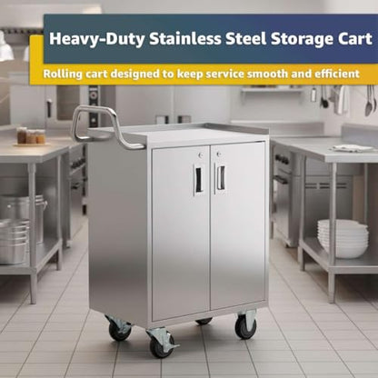 16" x 24" Stainless Steel Utility Cart with Enclosed Base and Locking Doors - 4 Shelf Heavy-Duty 18-Gauge 304 Steel Rolling Cabinet - NSF Commercial Service Cart for Kitchen, Catering, Restaurant - size: 4 Shelf