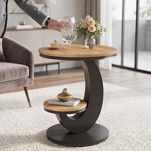 Tribesigns Round End Table with 2-Tier Shelf Storage,C Shaped Wood Side Table for Couch with Metal Frame,Modern Nightstand Accent Table for Living Room,Bedroom,Small Space (Light Brown) - color: Light Brown