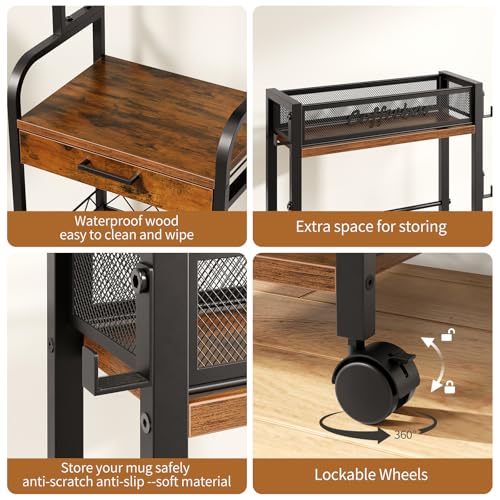 HavenlyYouth Coffee Station Organizer - 5 Tier Coffee Bar Cart with Wheels and Storage, Pod Drawers and 4 Hooks for k Cup Organizer, Tea Bar, Living Room, Kitchen,Office