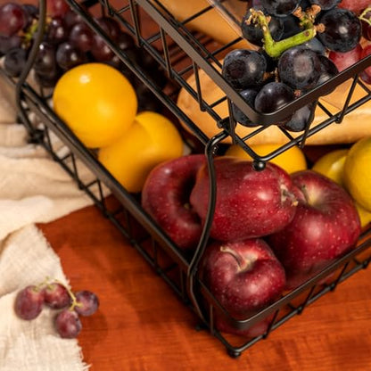 HOSY 2-Tier Metal Fruit Basket, 14-in Rectangle Black Standing Storage Rack | All-Metal, Removable Design, Tool-Free Assembly, Versatile Kitchen Countertop Organizer, Vegetables, Breads, Seasonings - size: 14-inch