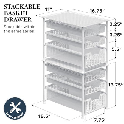 Simple Houseware 3 Tier White Alloy Steel Sliding Basket Organizer Drawer Cabinet - color: White, size: 3-Tier