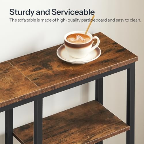HOOBRO Narrow Console Table, Sofa Table, 4-Tier Industrial Entryway Table with Metal Mesh Shelf, Hallway Table with Adjustable Feet, for Entryway, Living Room, Hallway, Rustic Brown and Black BF79XG01 - color: Rustic Brown + Black