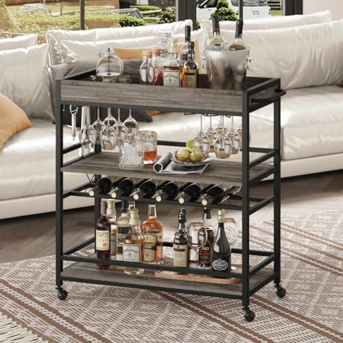 Bar Cart, Home Bar Serving Cart on Wheels, Mobile 3 Tier Liquor Beverage Carts with Wine Rack and Glass Holder (Grey Oak) - color: Grey Oak, size: 14.17"D x 37.01"W x 35.23"H