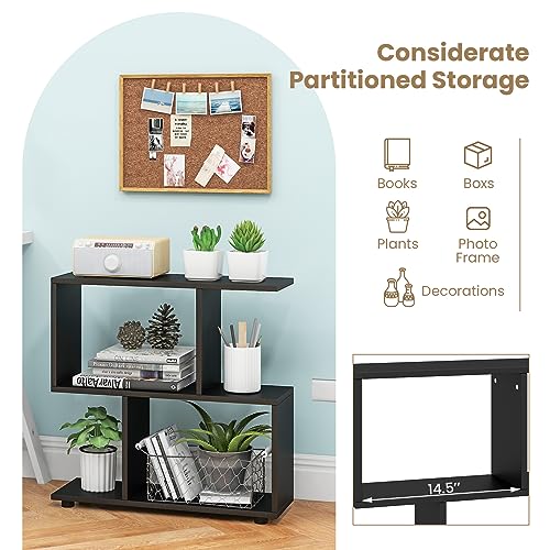 Tangkula 2 Tier Geometric Bookshelf, Freestanding Wood Display Shelf, Home Office Room Divider S Shaped Open Bookcase, Small Bookshelf for Small Spaces, Living Room, Study (Black, 2) - color: Black, size: 2