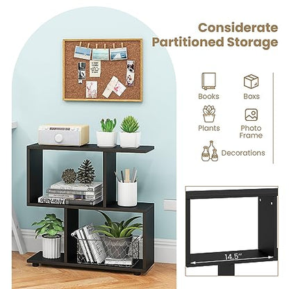 Tangkula 2 Tier Geometric Bookshelf, Freestanding Wood Display Shelf, Home Office Room Divider S Shaped Open Bookcase, Small Bookshelf for Small Spaces, Living Room, Study (Black, 2) - color: Black, size: 2