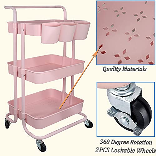 3 Tier Utility Rolling Cart Storage Organizer Shelf Rack with 6PCS Hanging Cups for Home Office Kitchen Bathroom Storage (Pink)