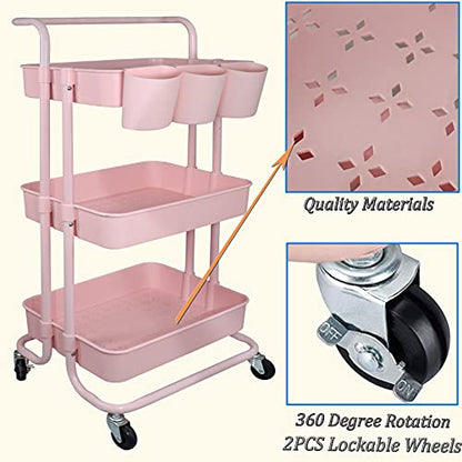3 Tier Utility Rolling Cart Storage Organizer Shelf Rack with 6PCS Hanging Cups for Home Office Kitchen Bathroom Storage (Pink)