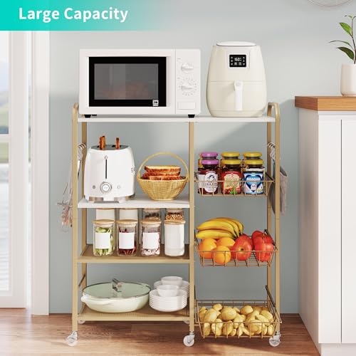 HapiRm Rolling Kitchen Microwave Cart - 4 Tier Microwave Table Stand with Pull-Out Baskets, Coffee Bar Baker's Rack with Wheels Rolling Storage Cart Organizer Shelf for Living Room Office, Balcony - color: Gold