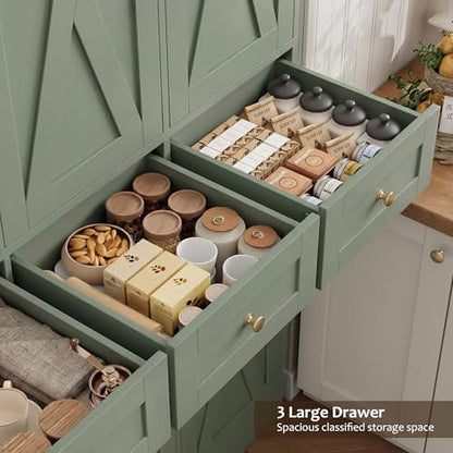 HOSTACK 67"H Farmhouse Kitchen Pantry Storage Cabinet with 3 Drawers, Green | Large Food Pantry Cabinet with Swing-Out Door Rack & Adjustable Shelf for Kitchen, Dining room, Living room - color: Green