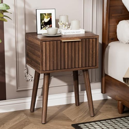 VINGLI Night Stand Set 2, Fluted Nightstands with Drawer, Mid Century Modern Nightstands Set of 2, Bedside Table, End Table, Wood Nightstand for Bedroom, Walnut, 15.75" W*11.81" D*21.85" H - color: Walnut, size: 15.7"W-1 Drawer