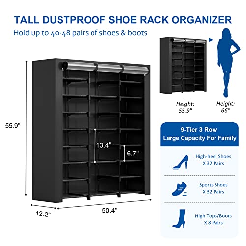 9-Tier Large Tall Shoe Rack with Covers 40-46 Pairs, Sneaker Rack Organizer Shoes Cabinet Closed Shelves Shoe Stand Holder for Garage Bedroom,Zapateras Organizer for Shoes 50 Pares