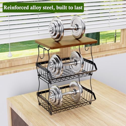 OKZEST 3-Tier Fruit Basket Fits Between Countertop & Upper Cabinet, 16.8" H | Includes wood top & banana hangers, Stackable kitchen countertop organizer, Holds potato, onion, bread, snack, fruit, veggie - size: 3-Tier (With wood top)