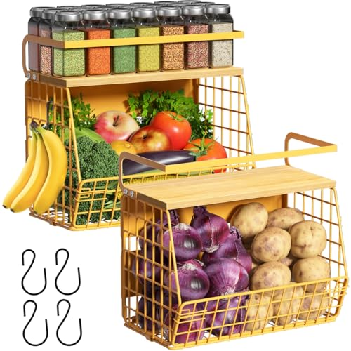 Magnetic Shelf for Fridge with Wood Lid, Fruit Potato and Onion Storage Bins, Pantry Organizers & Storage, Large Container Magnetic Spice Rack for Refrigerator, Kitchen Counter, Cabinet (Yellow, 2) - color: Yellow, size: 2-Regular