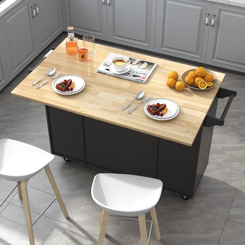 Squireewo 55" Kitchen Cart with Wood Top and Drop Leaf Breakfast Bar, Rolling Mobile Kitchen Island Table on Wheels with Drawer and Storage Cabinet, Spice Rack, Towel Rack, Black - size: 55"W