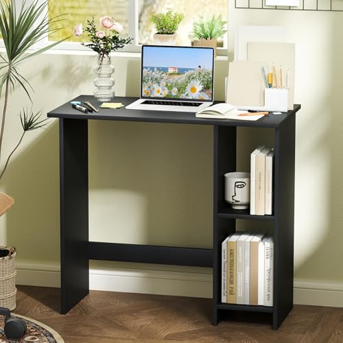 Giantex Small Desk, Compact Study Writing Desk with 3-Position Adjustable Shelf, Anti-Toppling Kit, Modern PC Laptop Table, Home Office Computer Workstation for Small Space Bedroom Dorm, Black - color: Black