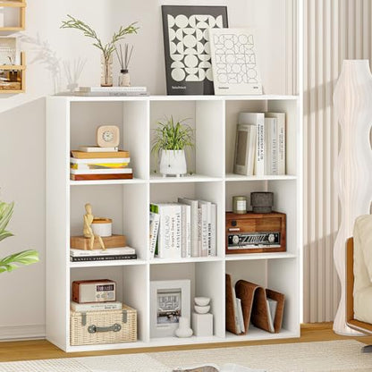 9 Cube Storage Organizer, Floor Standing Bookcase with Open Compartments, Wooden Display Rack for Living Room, Bedroom, Study, White Bookshelf with Open Back (1, 9 Cubes) - size: 9 Cubes