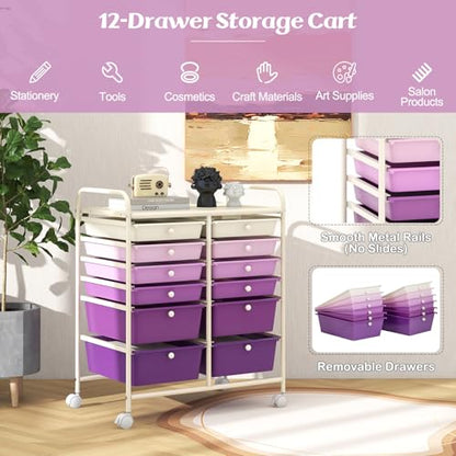 DREAMADE Rolling Cart with Storage Drawers, Utility Cart w/Removable Plastic Drawers, Lockable Wheels, Art Cart for Classroom Organization Art Supplies Office Scrapbook (12 Drawers, Purple Gradient) - color: Gradient Purple, style: 12 Drawers