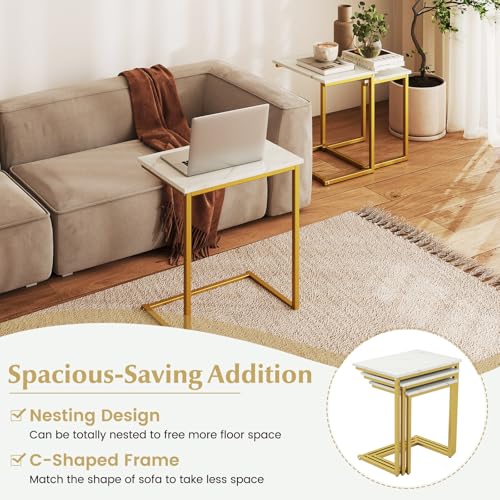 Giantex Nesting Coffee Table Set of 3, Stackable Square End Table w/Faux Marble Tabletop & Heavy-Duty Metal Frame, Farmhouse C-Shaped Accent Table for Small Space, Living Room, Bedroom (White Gold) - color: White Gold