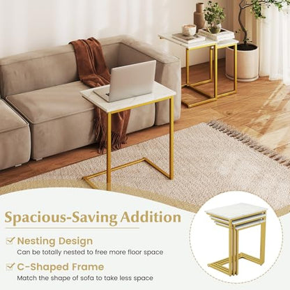 Giantex Nesting Coffee Table Set of 3, Stackable Square End Table w/Faux Marble Tabletop & Heavy-Duty Metal Frame, Farmhouse C-Shaped Accent Table for Small Space, Living Room, Bedroom (White Gold) - color: White Gold