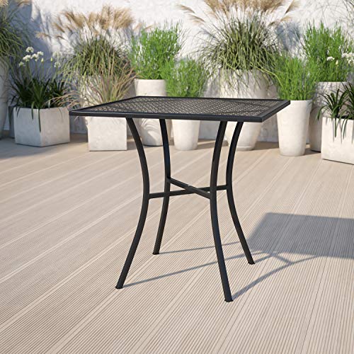 Flash Furniture Oia 28" Commercial Grade Steel Patio Table, Modern Square Rain Flower Design Outdoor Dining Table, Black - color: Black, size: 28" Square