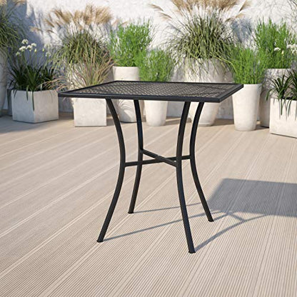 Flash Furniture Oia 28" Commercial Grade Steel Patio Table, Modern Square Rain Flower Design Outdoor Dining Table, Black - color: Black, size: 28" Square